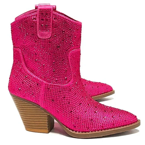New Women Fuchsia Hot Pink Rhinestone Cowboy Western Ankle Short Boots Booties - Picture 2 of 5